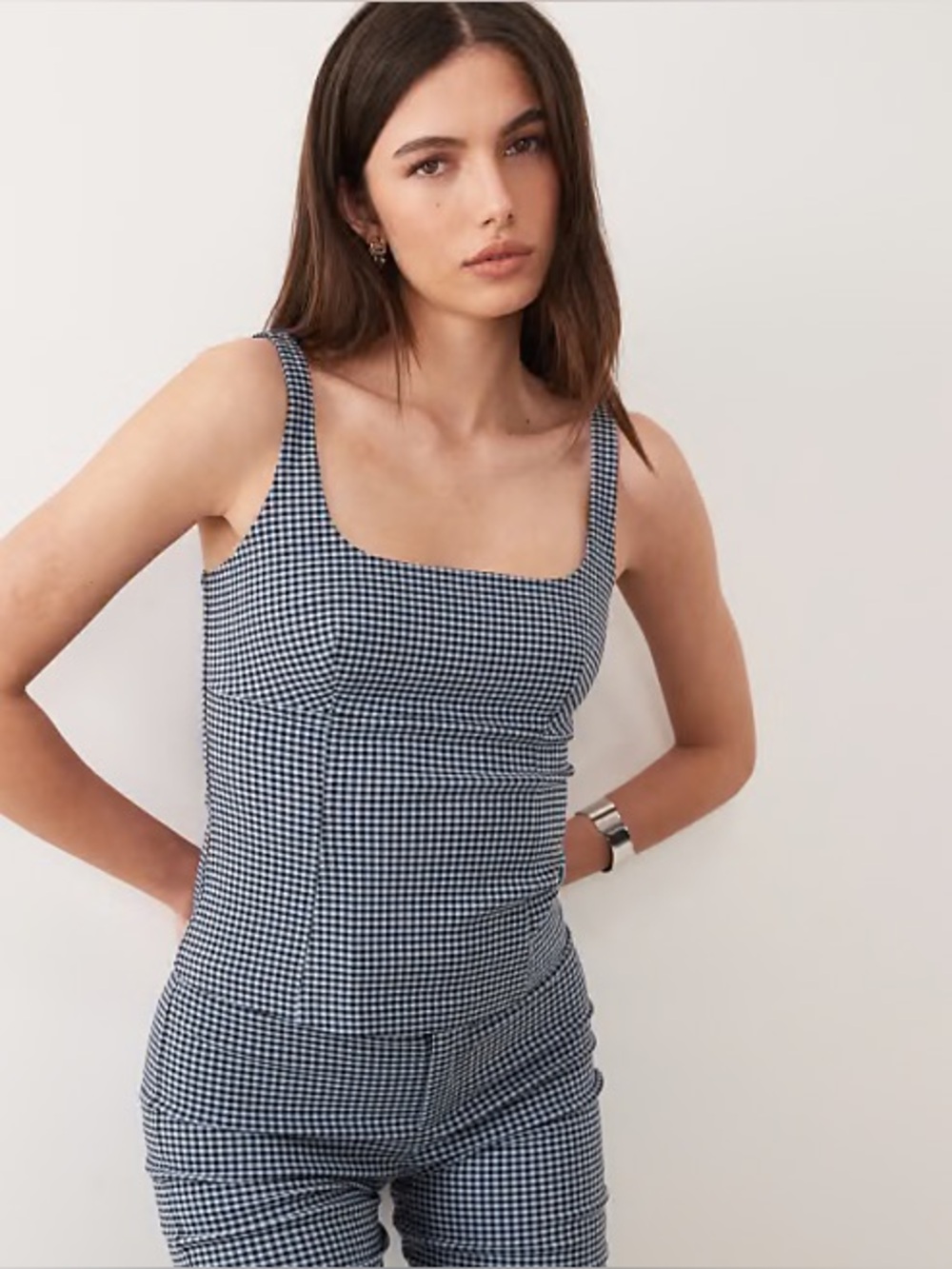 Mango Violet Blue & Black Gingham Square-Neck Tank Top size Medium